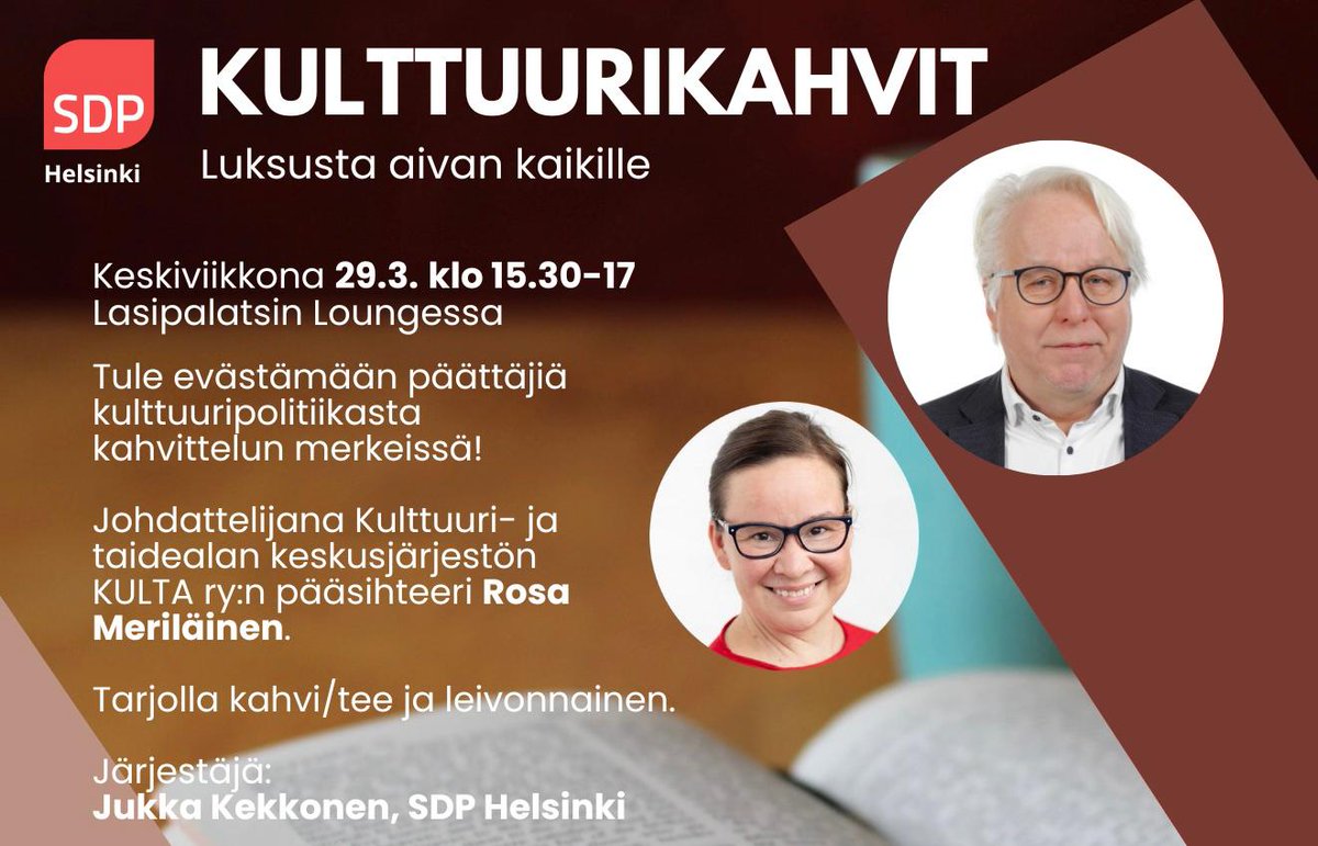 KataKsto's tweet photo. Kekkosen kahveilla 29.3. pohditaan, miten kulttuuri rikastuttaisi entistä useamman elämää nykyistäkin useammin. https://t.co/wKhcOY71JT