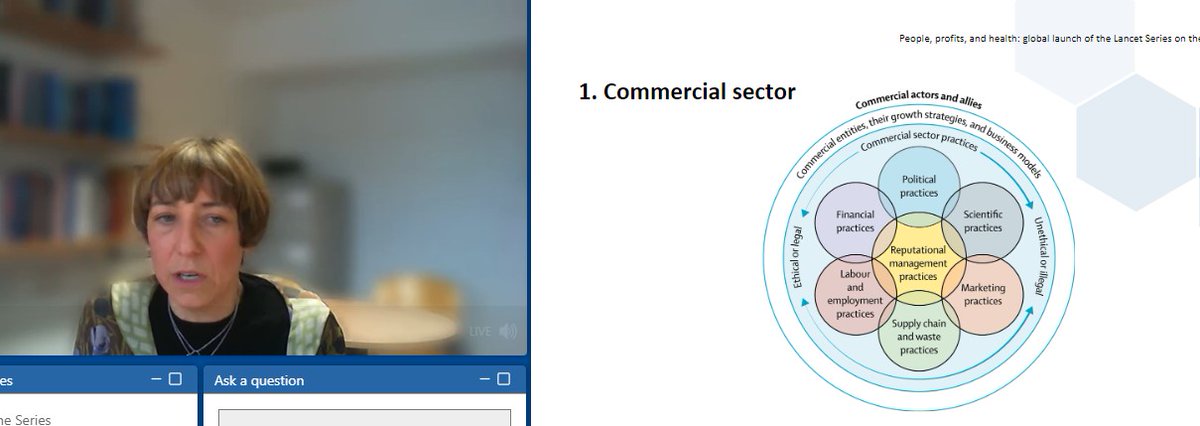 WPHNA's tweet photo. What kind of practices does the commercial sector use to influence the health of the population? Anna Gilmore explains the DCoH model. @TheLancet #DCoH #Lancet https://t.co/5xrICnNUOW