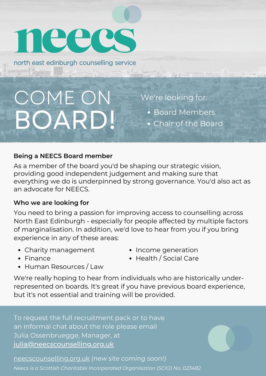 Come on board! We're looking for trustees and our next chair to take NEECS to new strengths at a time when our service is needed more than ever. Full recruitment pack: lnkd.in/enxG3dAv

@QueerTrustees @GettingOnBoard @YoungTrustees @AssocOfChairs @WOBUK
 
#trusteeship