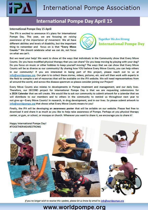 The International Pompe Association (IPA) is excited to announce it’s plans for International Pompe Day April 15th 2023.

This year the focus is on raising awareness of the importance of movement and require input from members of the Pompe community.

pompe.uk/pompe-news/int…