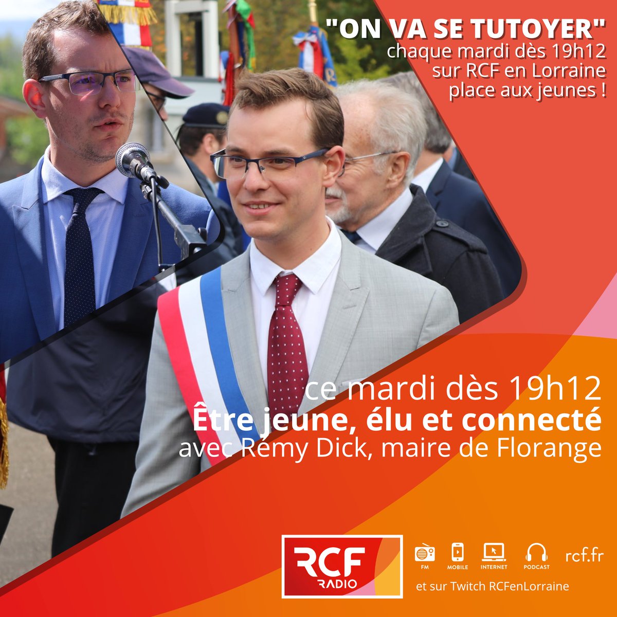 Ce mardi à 19h12, ne manquez pas votre RDV connecté "On va se tutoyer" !
Ce soir, <a href="/El_Masci/">Micha</a> et sa bande vous invitent à échanger avec <a href="/dick_remy/">Remy Dick</a>, le maire de Florange, pour parler jeunesse et engagement.

À suivre en direct sur vos radios &amp; en vidéo au twitch.tv/rcfenlorraine