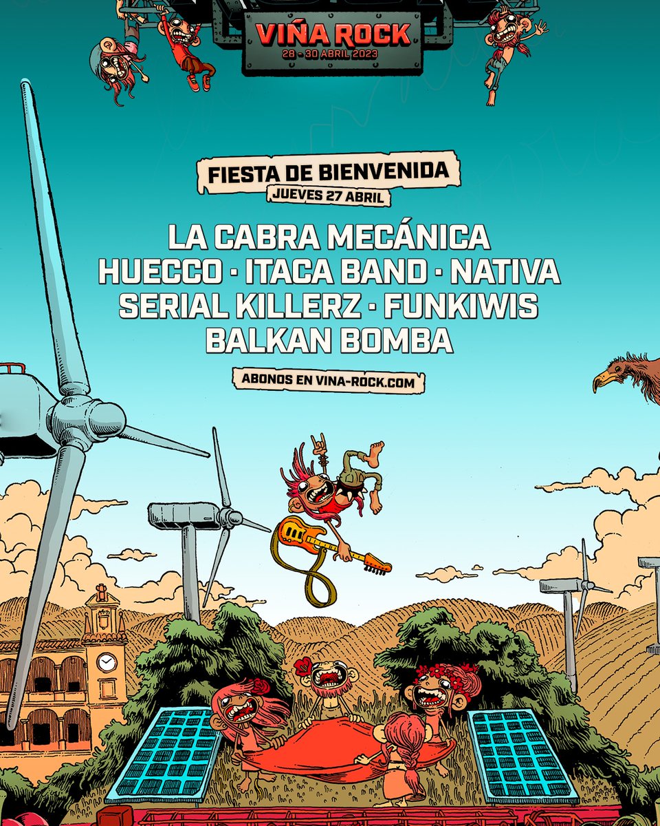 ¡ Nos vemos en el <a href="/VinaRockOficial/">ViñaRock</a> !

Que ganas tenemos de prender la mecha del festival en la fiesta de bienvenida.

<a href="/Huecco/">HUECCO</a> <a href="/Funkiwis/">Funkiwis</a> <a href="/ItacaBand/">Itaca Band</a> <a href="/OficialNativa/">Nativa</a> 

<a href="/TotemManagement/">Totem Management</a>