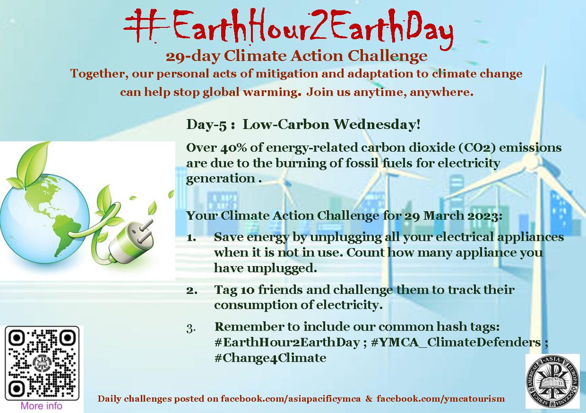 asiapacificymca's tweet photo. Here's your Climate Action Challenge for Day-5 (29 March 2023)
It's not too late to join.
Let us know you are participating https://t.co/UgwWGN5Awn
Please help amplify the campaign.
#EarthHour2EarthDay
#YMCA_ClimateDefenders
#Change4Climate
#YMCASustainablePlanet https://t.co/uTzyBJmSfh