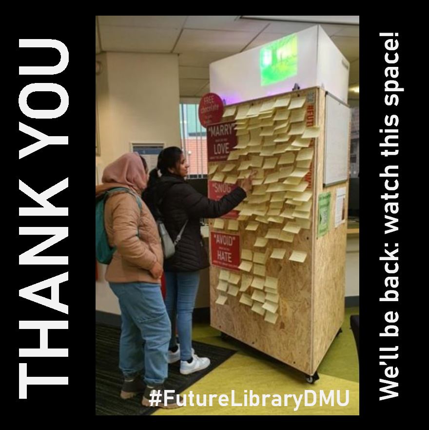 LibraryDMU's tweet photo. Thank you everyone who stopped by last week to play #FutureLibraryDMU Marry/Snog/Avoid and eat chocolate with us. We'll be out in faculty spaces and Kimberlin again soon with the Prism; meantime you can continue to give us feedback via the project page (link in bio) @dmuleicester https://t.co/MN7eQCzBjp