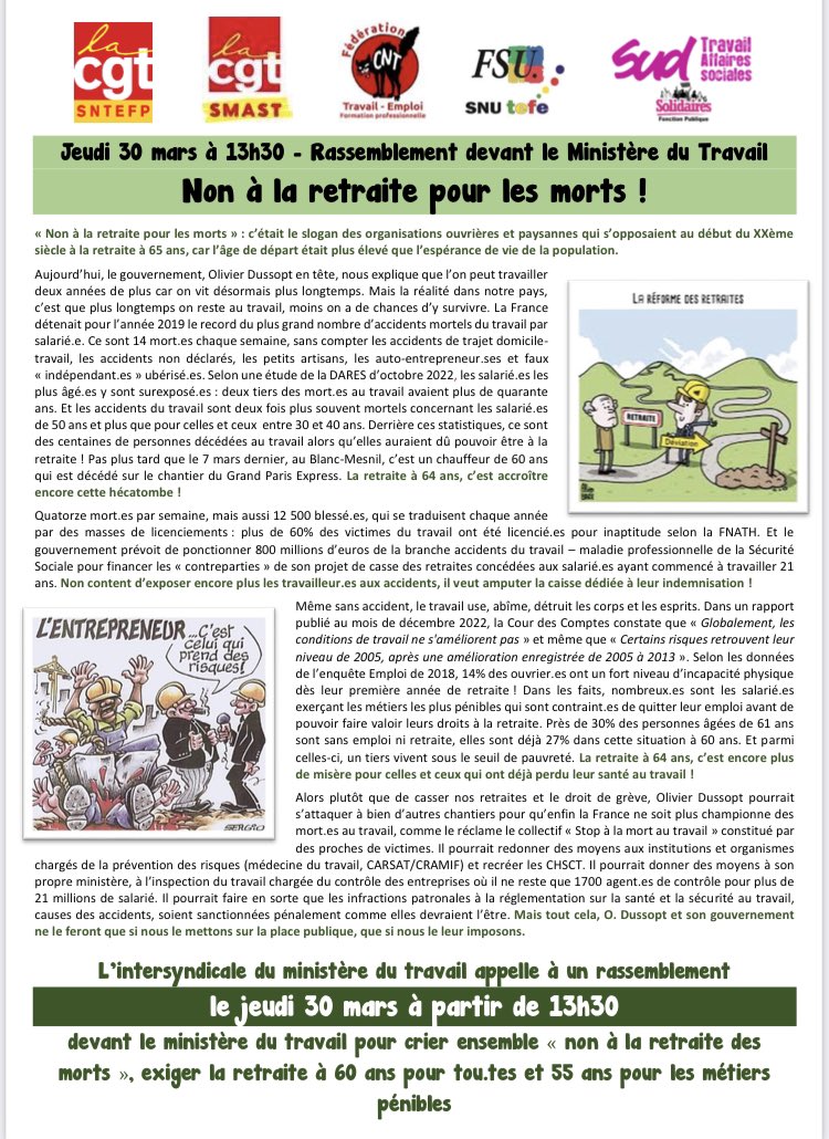 🚨A l’appel de l’intersyndicale du Ministère du travail : 

🗓️rassemblement ce jeudi 30 mars à 13h30 

📍devant le Ministère du travail à Grenelle (Paris 7ème)

👉🏽La retraite à 64 ans c’est accroitre le nombre de morts au travail !

#ReformeDesRetraites #Retraite