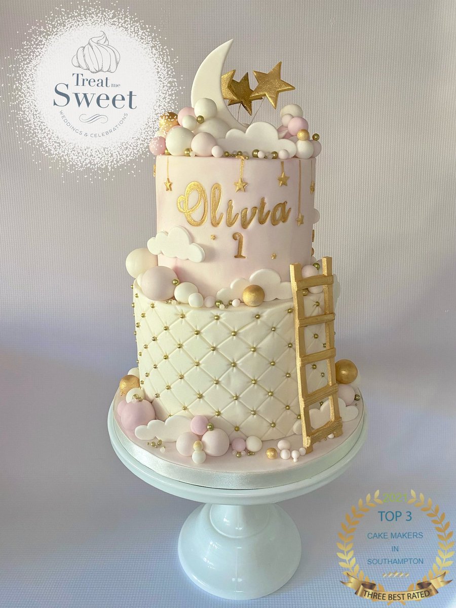 Gold, pink and white cake with moon and stars ✨