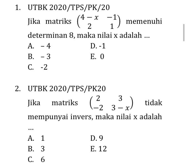 chocostudy_'s tweet image. SOAL SNBT 2023 

Soal apa yang selalu hampir keluar beberapa tahun belakangan ini di pengetahuan kuantitatif? 

Bab : Matriks 

Dikerjain dulu nanti aku kasih pembahasanya ✨ Semangat untuk kamu ada waktunya untuk sukses 👋🏻