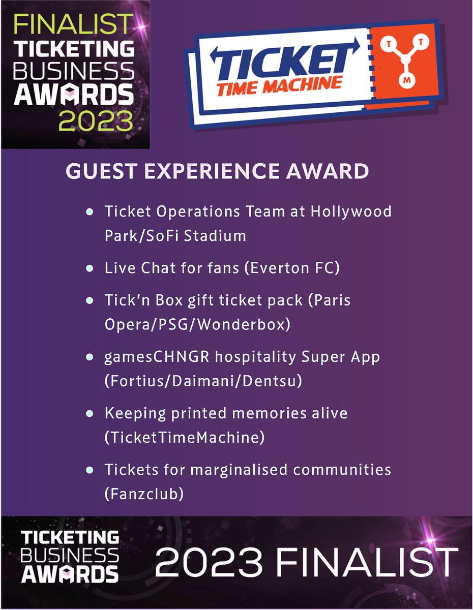 TicketTimeMach1's tweet photo. Honored to be on the shortlist for @TheTicketingBiz/@xperio Awards #guestexperience.
We appreciate all who nominated us. Regardless if we win or lose, it's always great to get recognition.
#TicketsAreComing #ThatsTheTicket™ #MobileTicketsAreLame #TicketTimeMachine™ https://t.co/KbGprgSbnD