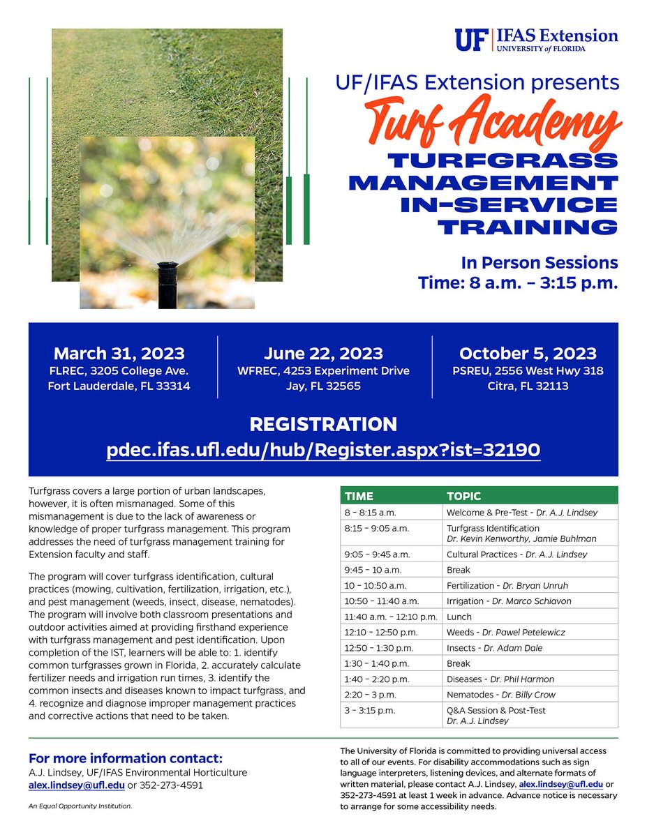 UF IFAS Turfgrass (@ufturfteam) on Twitter photo Register today for the in-service training: Turf Academy - Turfgrass Management that will be held on March 31. pdec.ifas.ufl.edu/hub/Register.a…
@kekenworthy <a href="/jbunruh/">Bryan Unruh</a> <a href="/FLRECturf/">Marco Schiavon</a> <a href="/petelewicz/">Paweł Petelewicz</a> <a href="/adamGdale/">Adam Dale</a> <a href="/turfdrman/">Philip Harmon</a> <a href="/NematodeGuy/">Billy Crow</a> - <a href="/AJLindseyTurf/">AJ Lindsey</a> Register today for the in-service training: Turf Academy - Turfgrass Management that will be held on March 31. pdec.ifas.ufl.edu/hub/Register.a…
@kekenworthy <a href="/jbunruh/">Bryan Unruh</a> <a href="/FLRECturf/">Marco Schiavon</a> <a href="/petelewicz/">Paweł Petelewicz</a> <a href="/adamGdale/">Adam Dale</a> <a href="/turfdrman/">Philip Harmon</a> <a href="/NematodeGuy/">Billy Crow</a> - <a href="/AJLindseyTurf/">AJ Lindsey</a>