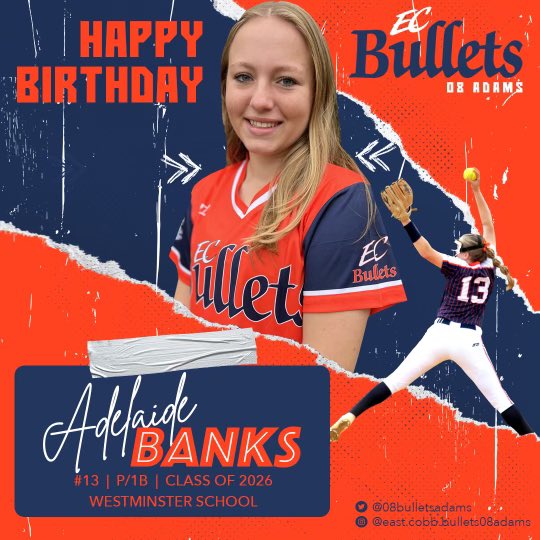 BulletsAdams16U's tweet photo. Wishing a big Happy Birthday to our Adelaide!! 🤩

This girl is a work horse on the mound and is such a great teammate to all! We are so lucky to have her! 🧡💙
#Ecbullets08 #COOLpoints https://t.co/cpmZIH568q