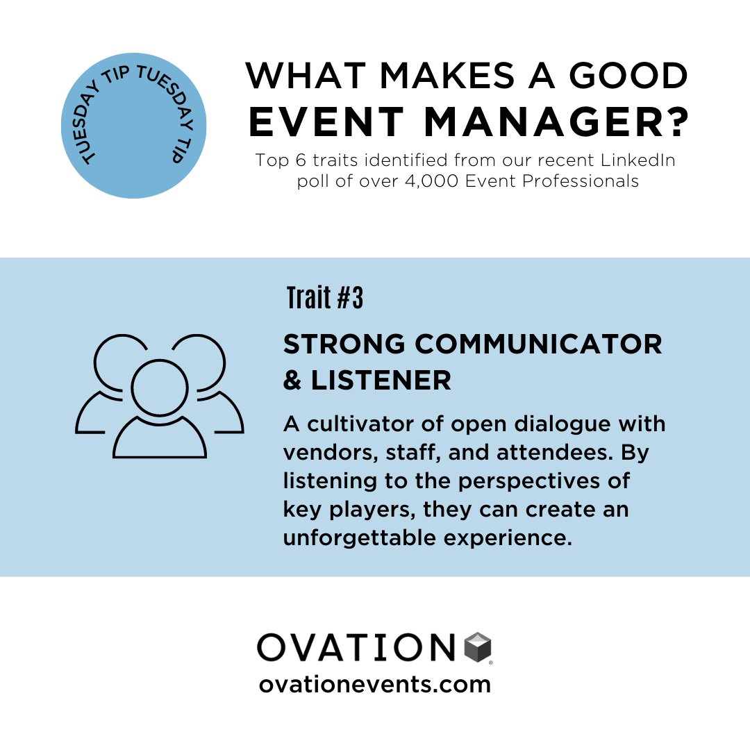 A good Event Manager should be a cultivator of open dialogue with vendors, staff, and attendees. Check out the top 6 traits identified from our recent LinkedIn poll of Event Professionals to see what makes a good Event Manager. 

Download it now - hubs.ly/Q01Hwz8P0