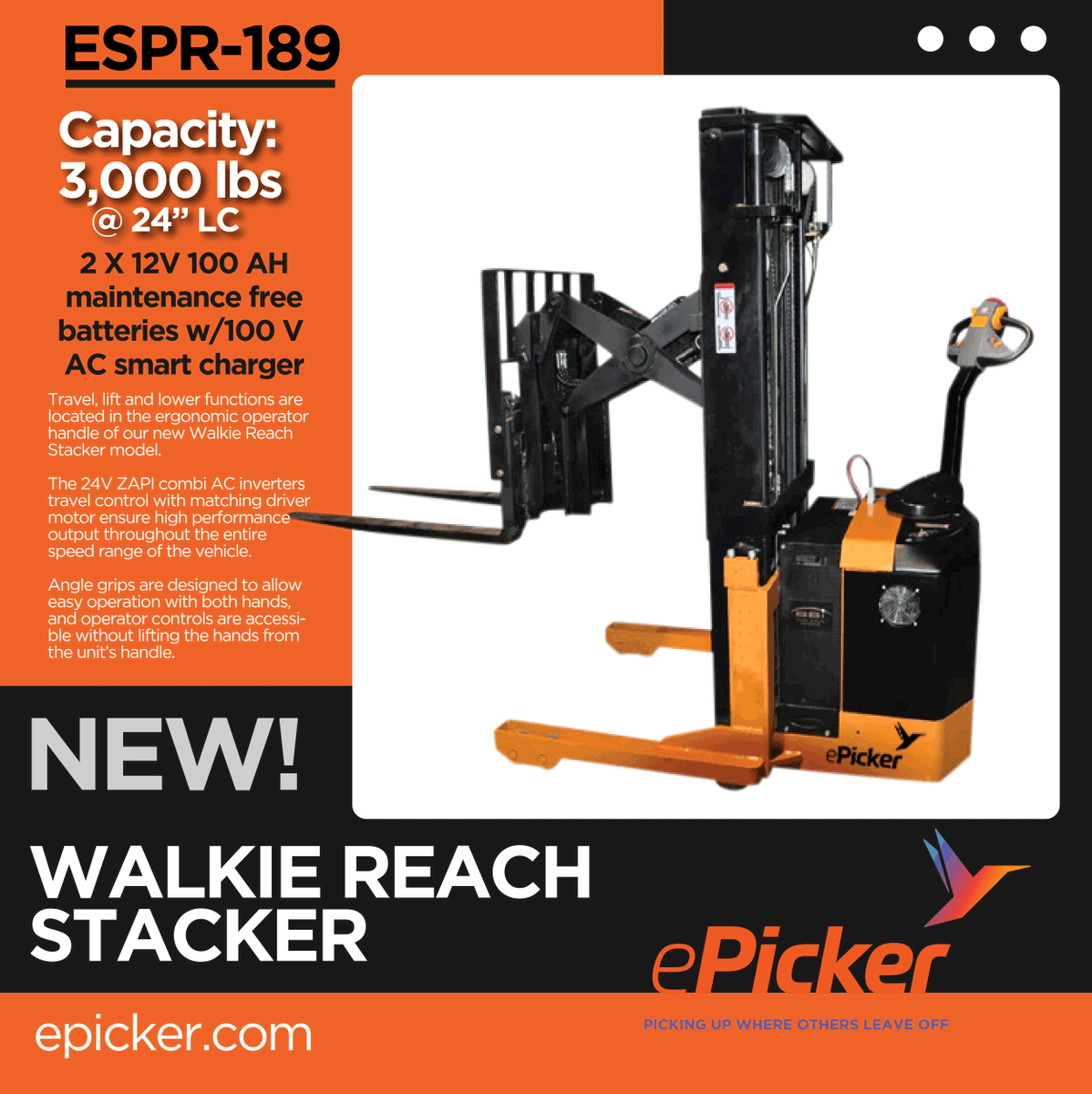ePickerLifts's tweet photo. ePicker’s newest addition to its line of Walkie Reach Stackers features a mast with Pantograph. A pantograph reach truck uses a scissor reach
mechanism that extends the forks forward and allows the unit to reach into the racking. https://t.co/v9uEWmDkVZ