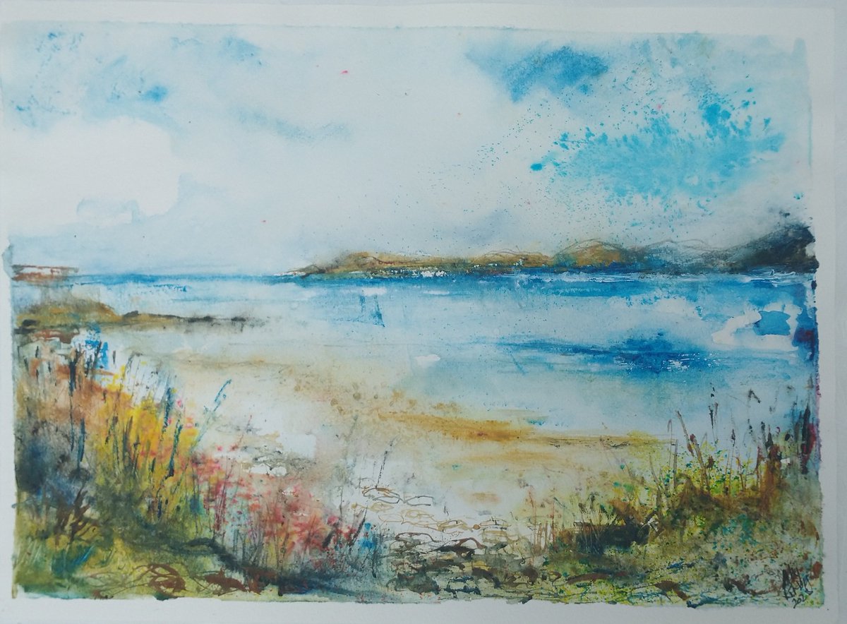 Having fun experimenting with seascapes #watercolour #beach #salt #sea #brusho #painting #art #sticks #loose