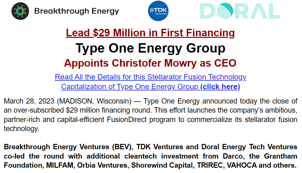 FENintl's tweet photo. Bill Gates Breakthrough Energy Ventures and several other VC are providing the funding needed to develop Type One Energy's Commercial Stellarator Fusion Technology.
Read all the details at: https://t.co/VKaaclJBTu https://t.co/rP5DFz31u3