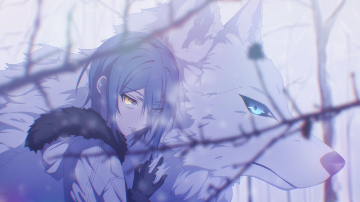 wolf gloves yellow eyes looking at viewer blue hair black gloves fur trim  illustration images