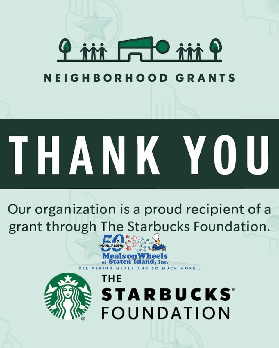 BIG NEWS;
Meals on Wheels of Staten Island was selected for #TheStarbucksFoundation #NeighborhoodGrants, thanks to local Starbucks partners in our community! Because of their generosity, we have received a $1,000 grant!  Help us thank them for their support with a like or share!