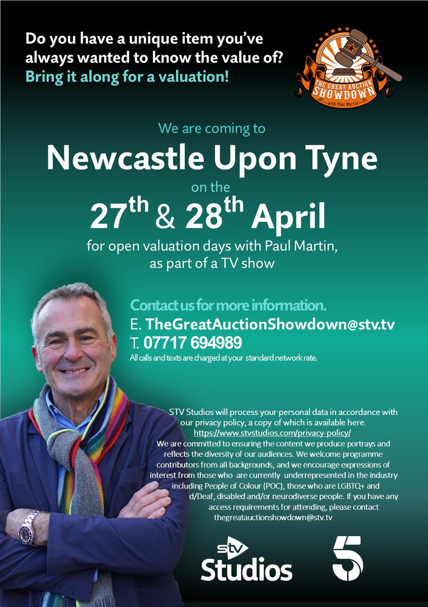 What items do you have that could be worth a fortune?? We'll be holding free valuations in Newcastle on 27th & 28th April. Get in touch with the team if you'd like to attend or if you'd like more information. E : TheGreatAuctionShowdown@stv.tv T : 07717 694989 #Newcastle