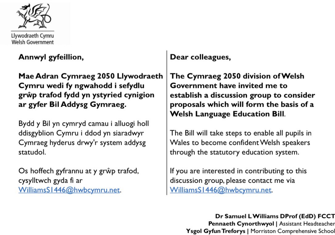 SamLlWilliams's tweet photo. 📣 Curriculum Leads/ Arweinwyr y Gymraeg / Colleagues in 🏴󠁧󠁢󠁷󠁬󠁳󠁿 If you are interested in contributing to a discussion group on the proposals outlined by @Addysg_Cymraeg please get in touch! https://t.co/MHNvM92nHz