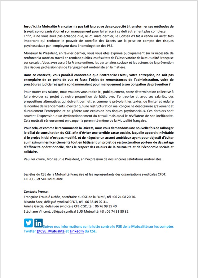 CSE_Mutualite's tweet photo. Communiqué de presse | #PlanSocial à la @mutualite_fr : le @CSE_Mutualite et les organisations syndicales adressent une #LettreOuverte au président @EChenut https://t.co/S2BJwQqZrx