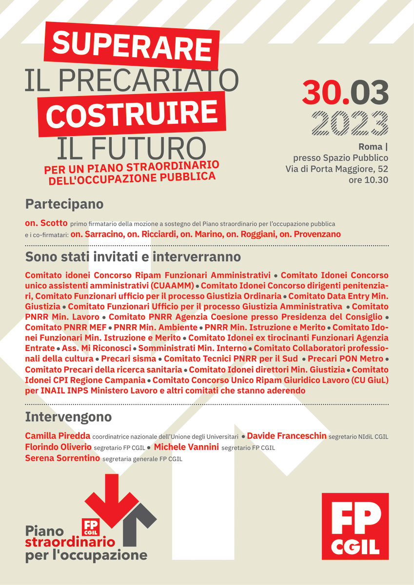 FpCgilNazionale's tweet image. 🟥 𝗦𝗨𝗣𝗘𝗥𝗔𝗥𝗘 𝗜𝗟 𝗣𝗥𝗘𝗖𝗔𝗥𝗜𝗔𝗧𝗢, 𝗖𝗢𝗦𝗧𝗥𝗨𝗜𝗥𝗘 𝗜𝗟 𝗙𝗨𝗧𝗨𝗥𝗢
Per un Piano straordinario per l'occupazione pubbllica
📌 Appuntamento il #30marzo a Roma

📺 𝗜𝗡 𝗗𝗜𝗥𝗘𝗧𝗧𝗔 𝗙𝗔𝗖𝗘𝗕𝗢𝗢𝗞 𝗦𝗨 fb.me/fpcgil

Info ➡️ fpcgil.it/2023/03/24/sup…