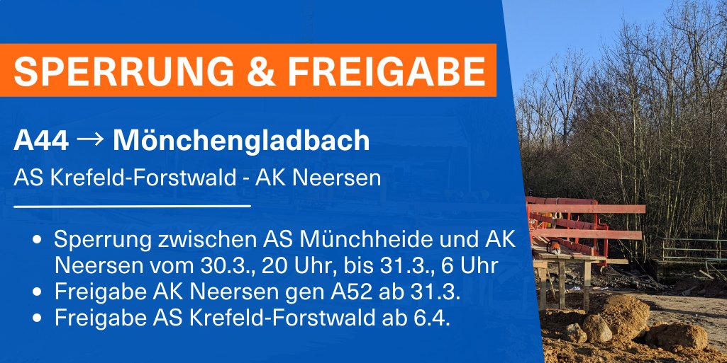 Autobahn_Rheinl's tweet photo. Für die grundhaften Erneuerung der #A44 zwischen dem Autobahnkreuz #Neersen und der Anschlussstelle #Krefeld-Forstwald wird von Donnerstag (30.3.), 20 Uhr, bis Freitag (31.3.), 6 Uhr, die vorhandene Verkehrsführung umgebaut. #verkehr (1/5, mak) https://t.co/hbGTJnEAu8
