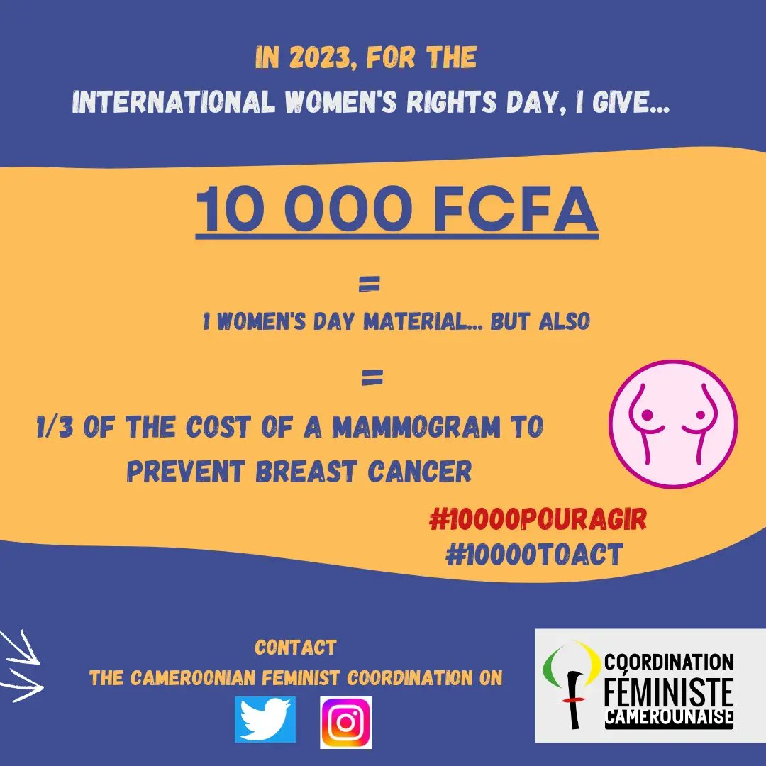 Fm1Camerounaise's tweet photo. La prévention du cancer du sein est un vrai enjeu pour les femmes. Donner 10 000 FCFA permet de couvrir 1/3 du coût d'une mammographie pour une femme. 
#10000POURAGIR
#10000TOACT https://t.co/jUDrhLMGA4