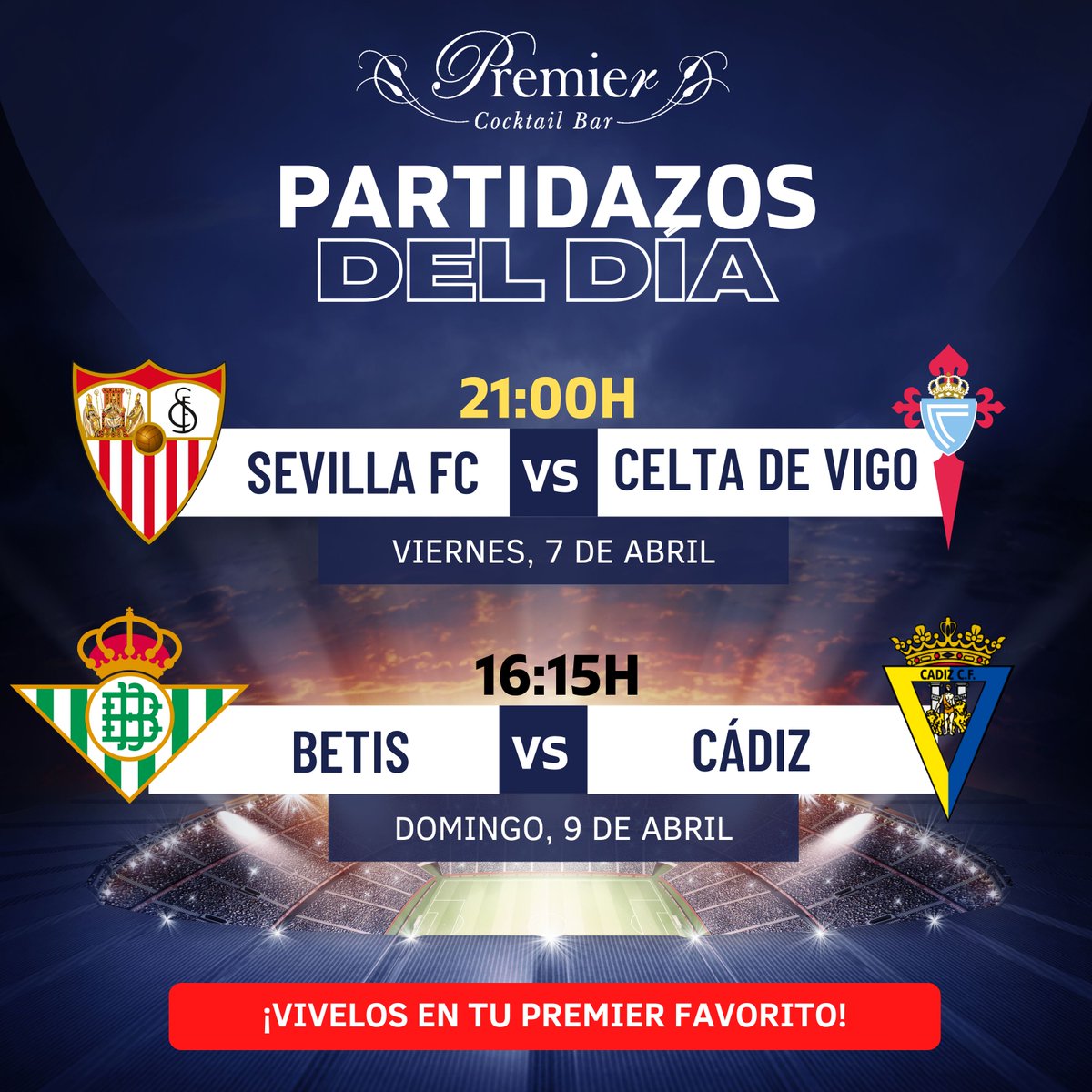 Haz un paréntesis entre tanta procesión y disfruta de la jornada futbolística que te espera este fin de semana ¡Venga y tómate un respiro con una buena copa! 
#futboldirecto #futbol #sevilla #ocio #cocteleria #SevillaFC #Betis