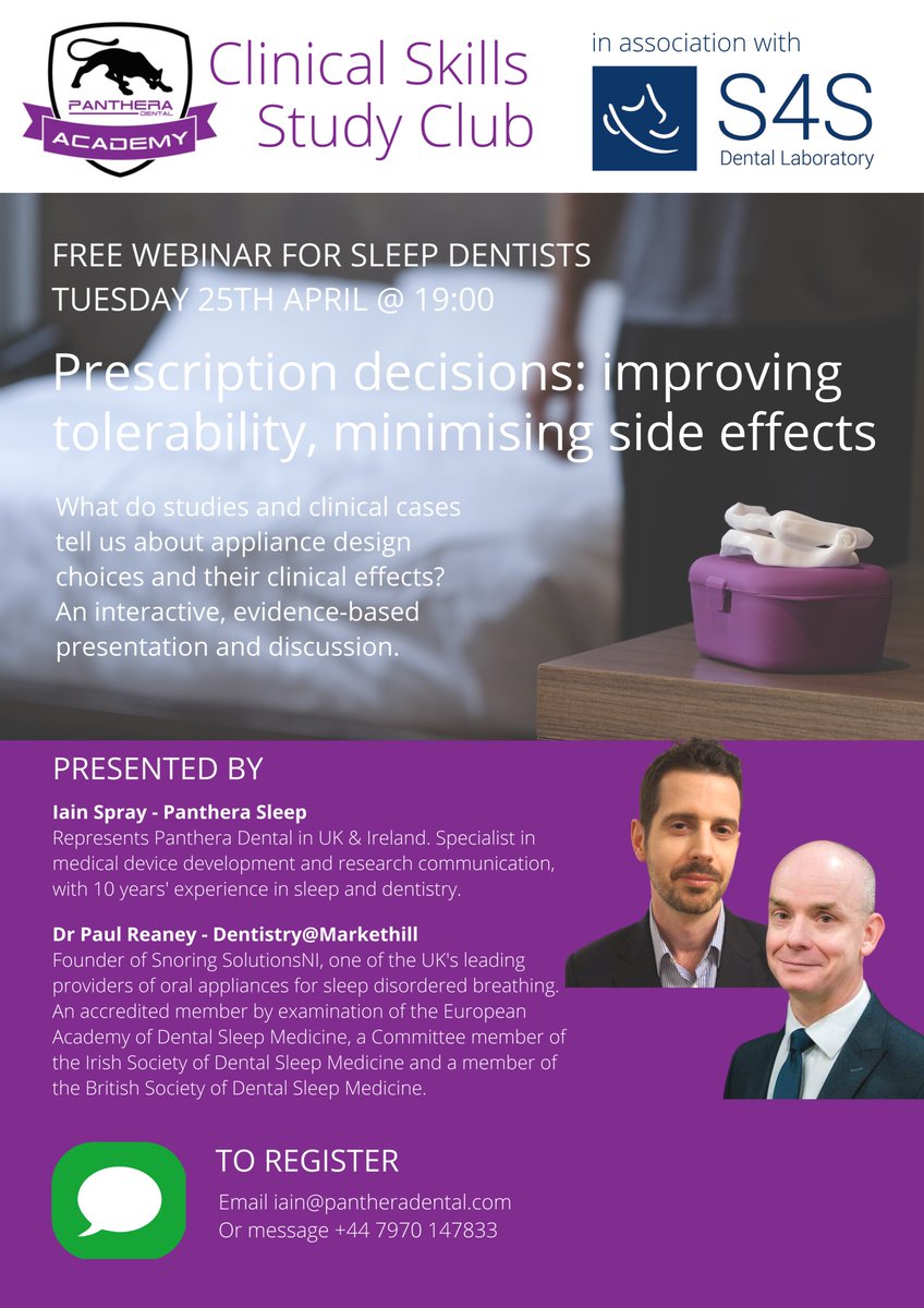 Precision_MADs's tweet photo. Join me and Dr Paul Reaney for a free study club webinar on 25th April @ 19.00 UK time, organised in association with sleep appliance experts @S4Sdental https://t.co/riItQ5Sr8a