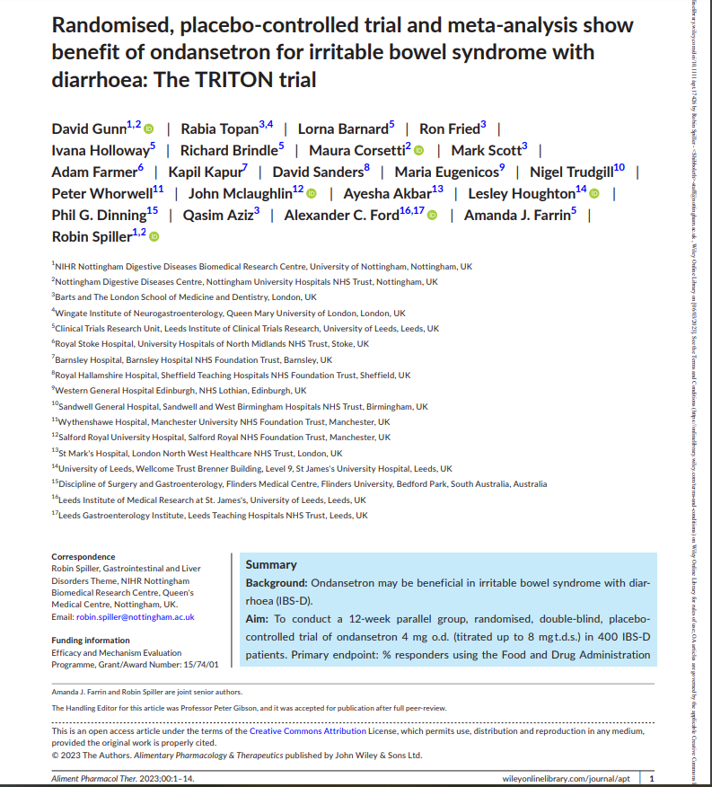 This is the outcome of the EME grant entitled TReatment of Irritable bowel syndrome using Titrated ONdansetron Trial (TRITON). 

Read here: bit.ly/40kb9i4