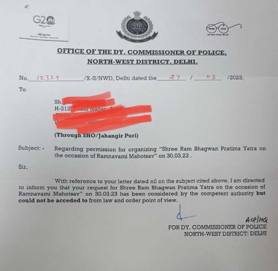 shashank_ssj's tweet photo. Hindus can’t even celebrate Hindu festivals in Hindustan 😲 

Shocking to see that @DCP_NorthWest has denied permission for Shree Ram Bhagwan Pratima Yatra on Ramanavami Mahotsav.

@DelhiPolice : SHAMEFUL! https://t.co/I0zphOOHe3