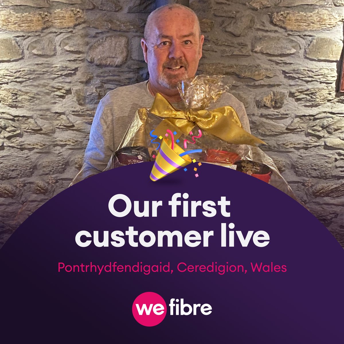 Great news our service is now live in Pontrhydfendigaid🚀Allan our first customer said "I've had a great week internet installed with great speeds a special birthday and now being the first customer connected and getting the hamper". To get connected visit wefibre.com