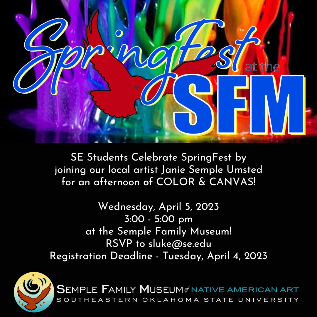SEOSL's tweet photo. Celebrate Springfest with our Color & Canvas event April 5th, 3-5 PM at the Semple Family Museum. Join artist Janie Semple Umsted for a fun afternoon of color and creativity. RSVP before April 4th. Limited spots available, so don't wait! #StudentLife #sfmatse #sfmfamily https://t.co/RsJVDkPc3r