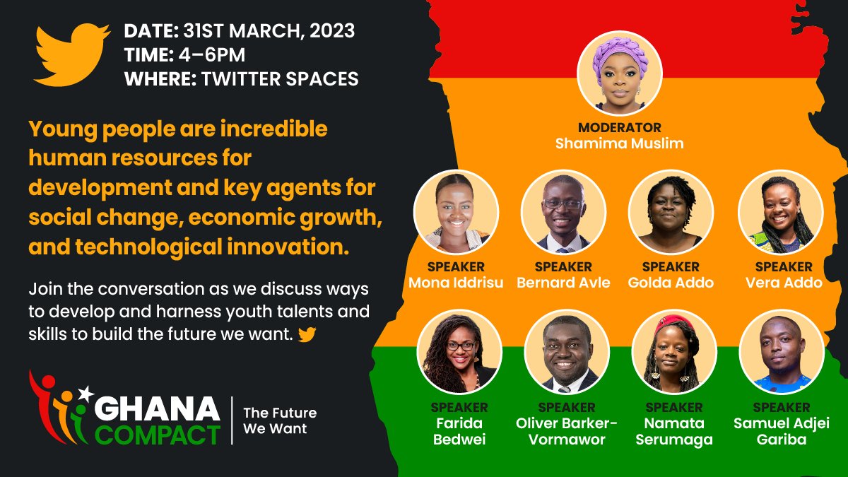 Don't miss out on our upcoming #TwitterSpaces on March 31 from 4-6pm! Join us and our amazing speakers to discuss how to build the future we want for Ghana. #GhanaCompact #TwitterSpaces #theFutureWeWant

Set a reminder: x.com/i/spaces/1kvKp…