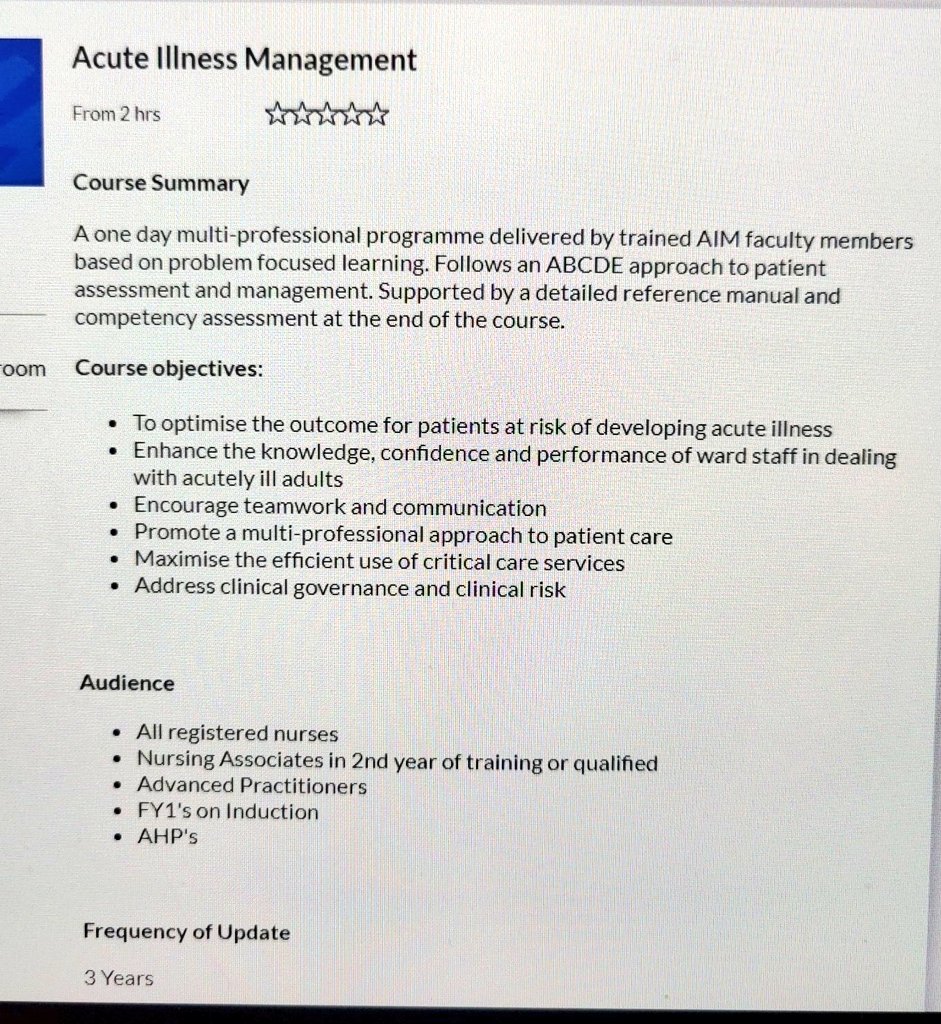 Acute_Care_Team's tweet photo. Our Acute Illness Management ORC dates are now up on Kallidus until December! This course is mandatory every 3 years for our Qualified Nurses. We have 20 places per day, book early to avoid disappointment ! https://t.co/v2EUuePXPy