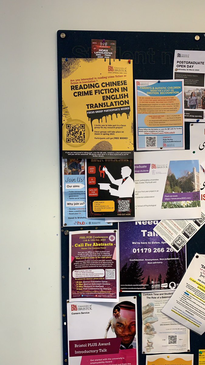 Feeling so lucky to have friends <a href="/zhao_fu_qiang/">赵富强 Fuqiang ZHAO</a> <a href="/Wenhao_Bristol/">WHY</a> who are willing to help me with my survey. Thank you for putting up posters in the library <a href="/BristolUniLib/">Bristol Uni Library</a> and all over campus <a href="/BristolSML/">Bristol SML</a> <a href="/BristolUni/">University of Bristol</a> <a href="/BristolMATrans/">Translation Studies at Bristol</a> @bristoldc! #thankyou  #survey #research