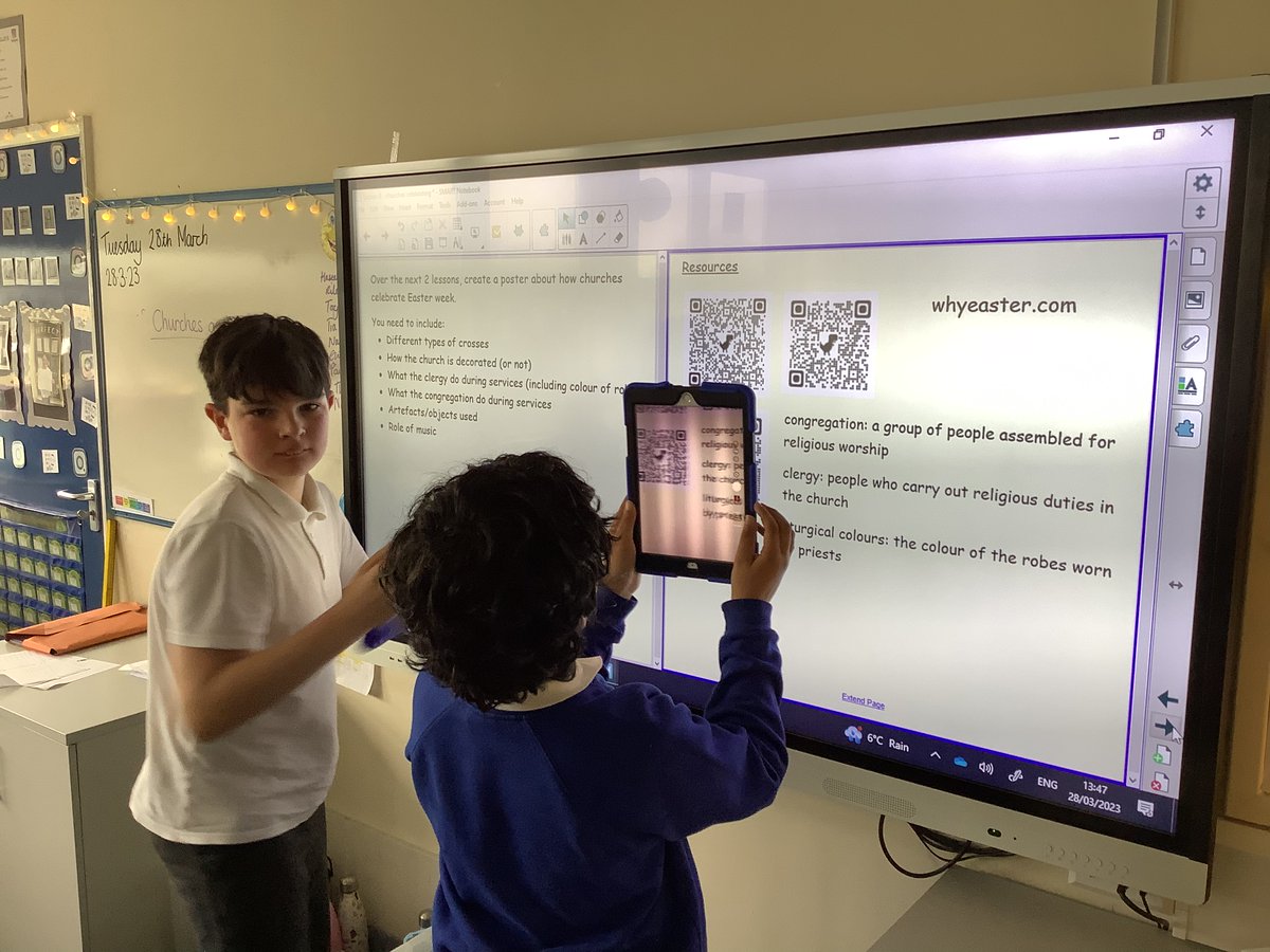 ReinwoodJuniors's tweet photo. Using QR codes in RE to research about how different churches celebrate Easter.
#RJS6S #RJSRE #RJSComputing https://t.co/xvMobDgVrF