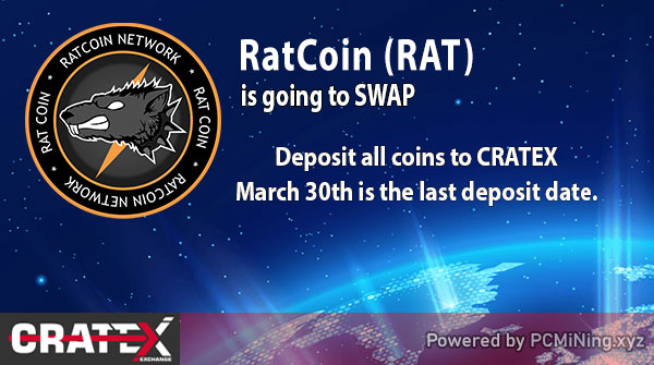 🔔RatCoin (RAT) is going to SWAP (1:8 Ratio) 
Deposit all coins to Cratex.io 

📈cratex.io/darkhak.php?pa…

#USDT #LTC #BTCZ #DOGE #blockchain #cryptocurrency #crypto #exchange