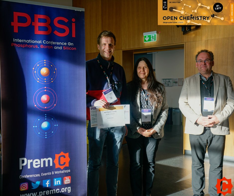 We would like to congratulate Moritz Ernst from <a href="/FU_Berlin/">Freie Universität</a> who won Best Poster Award of #PBSi2023 for his presentation "Synthesis of phospholide anions from white phosphorus and polyphosphides"!
We also thank <a href="/OpenChemistry/">Open Chemistry De Gruyter</a> for supporting his prize. 
 #Phosphorous #Boron #Silicon