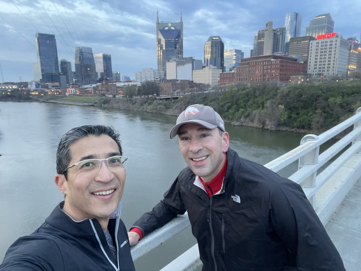 RasuShrestha's tweet photo. They say you either love #Nashville, or you’re wrong. And they were right. 

Great way to kick off the day at #ViVE2023 with an energizing run with my good friend @JGernot @awscloud! 

#goodViVEs #pinksocks #wellness https://t.co/S8hHX3FzEy