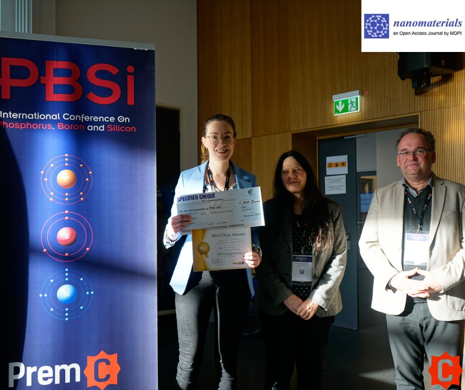 Congratulation to Marie Sophie Würdemann from @UniOldenburg who won Best Oral Award of #PBSi2023 for her presentation "Phospha-BCH-Germylenes - Synthesis and Reactivity"!
Her price is supported by <a href="/Nano_MDPI/">Nanomaterials MDPI</a> whom we thank again for their support. 
 #Phosphorous #Boron #Silicon