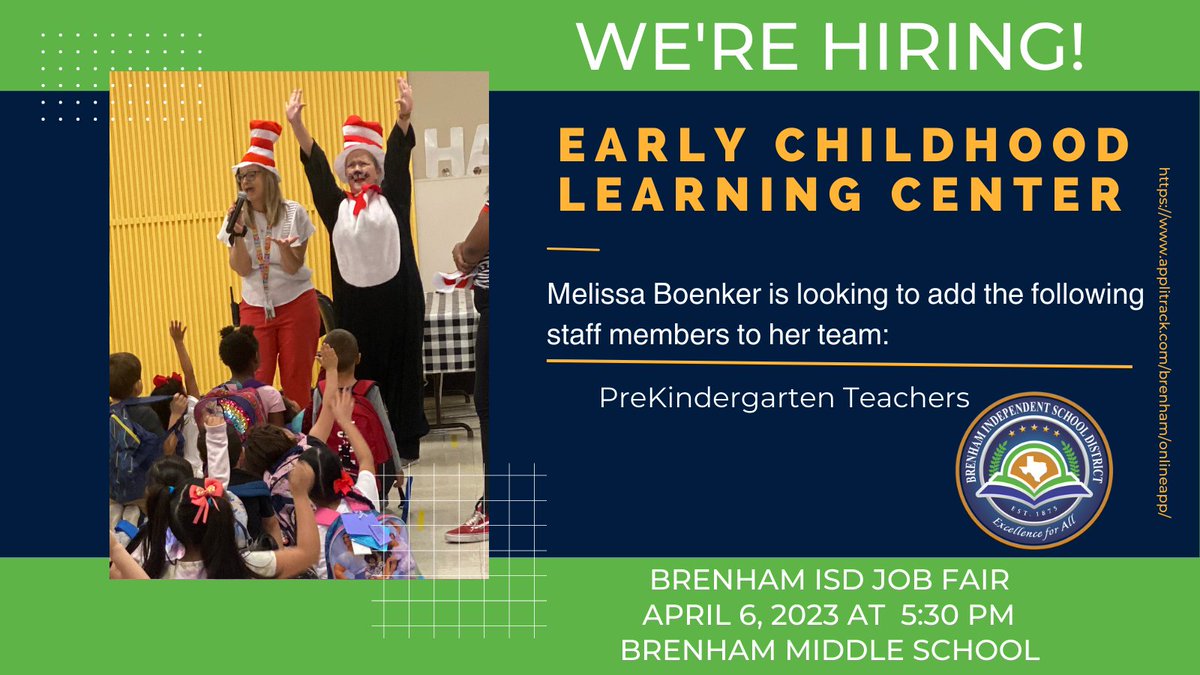 Are you looking to teach our youngest CUBS? Meet Principal Melissa Boenker at the Brenham ISD Job Fair on April 6th! Come and explore the employment opportunities that are available. <a href="/BrenhamISD/">Brenham ISD</a>
