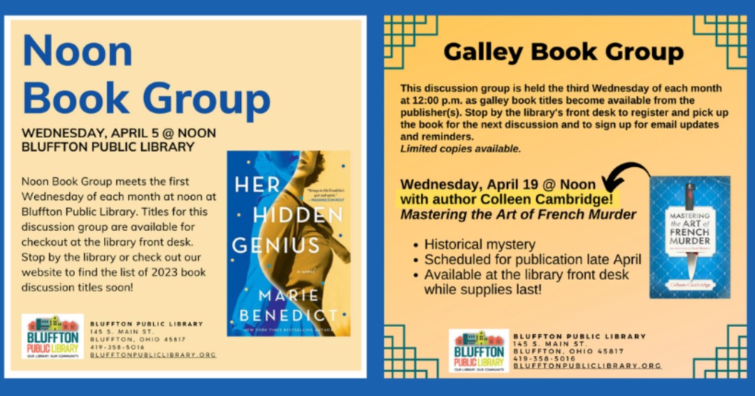 blufftonohlib's tweet photo. Stop by the library's front desk to check out your library copy of Her Hidden Genius for Noon Book Group, or to pick up the *free* Galley copy of Mastering the Art of French Murder (yours to keep!) https://t.co/Gs1BV4FkDW