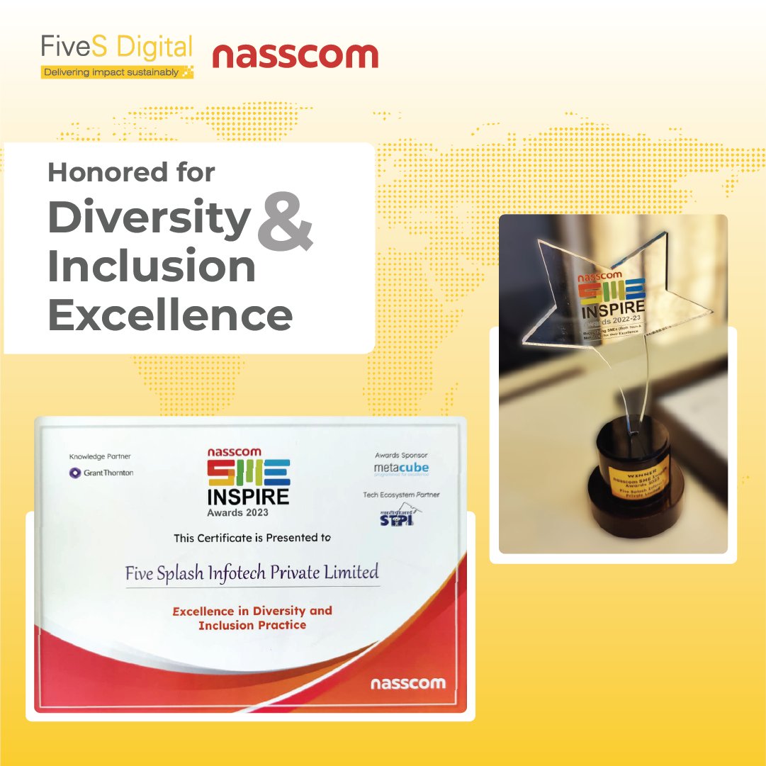 FivesDigital's tweet photo. FiveS Digital is honored to have won the prestigious @nasscom  award for 'Excellence in Diversity and Inclusion Practice'! 🏆🎉

#Award #Diversity #Inclusion #DEI #FiveSters #Recognition #ExcellenceInDiversityAndInclusionPractice #NASSCOM #DiversityMatters #InclusionIsKey https://t.co/nN30SXhUeV