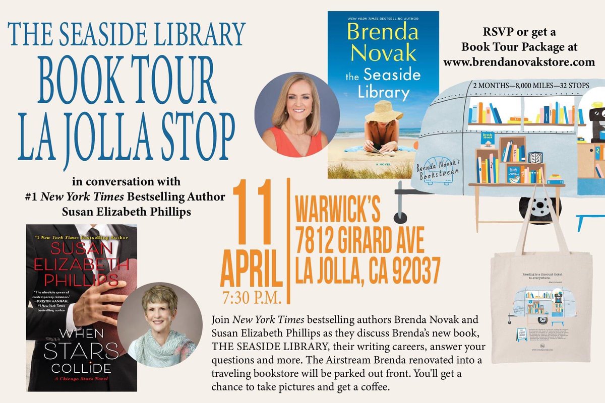 In two weeks, I'll be joining NYT bestselling @Brenda_Novak in La Jolla, CA, a stop in THE SEASIDE LIBRARY Tour! Here are the details: April 11, 2023 at 7:30 pm PDT @warwicksbooks 7812 Girard Ave. La Jolla, CA Get your ticket at brendanovakstore.com/products/bookt… #susanelizabethphillips