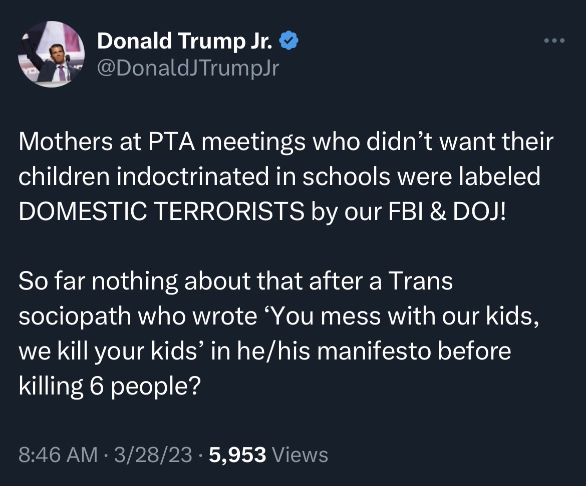 This is how disinformation happens. No details on what was in the “manifesto” have been released. It now starts with the post on the left, where he “infers” what must be in it. Then Junior here posts it was written by the shooter, and they are off and running.