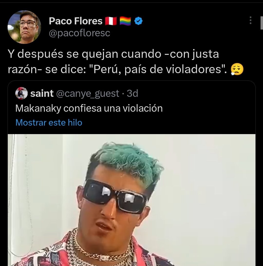 Pedimos al <a href="/FiscaliaPeru/">Ministerio Público</a> que haga lo correspondiente para este caso.
También pedimos un pronunciamiento de la <a href="/Defensoria_Peru/">Defensoría del Pueblo</a> por las nefasta afirmación de Paco Flores, ratificar que el Perú es un país de violadores daña la horna de todos. Me ofendo por mi padre y hermanos.