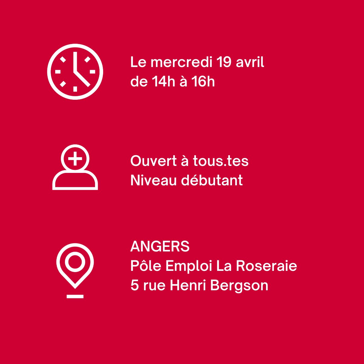 [EVENEMENT #ANGERS]
👀 Vous voulez vous initier au métier de #développeur-se web ? Inscrivez-vous à notre atelier d'initiation au code #informatique du 19 avril prochain, dans les locaux de Pôle Emploi La Roseraie 👉 L'inscription se fait juste ici >> mesevenementsemploi.pole-emploi.fr/mes-evenements…