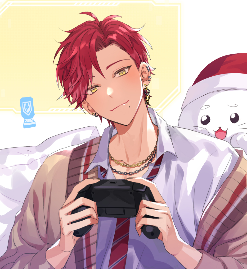 1boy red hair male focus jewelry controller mole yellow eyes  illustration images