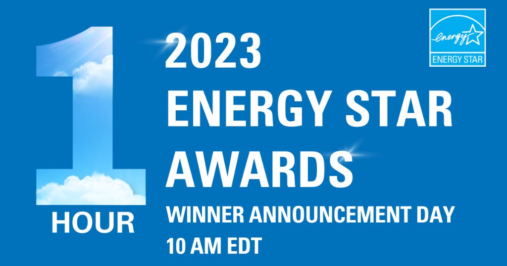 ENERGYSTAR's tweet image. Today's the day! In just 1 hour, we will unroll the blue carpet for the 2023 #EnergyStarAwards winners.  
Follow #EnergyStarAwards and meet the 2023 award winners right here at 10 a.m. EDT.