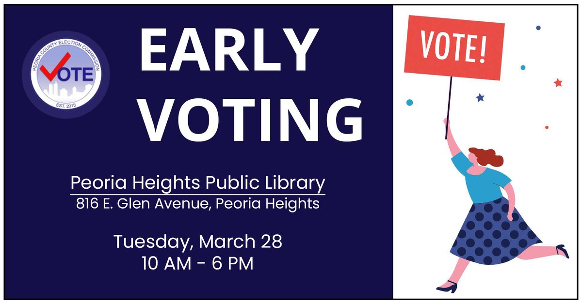 peoriaelections's tweet photo. Be sure to book it to the library in Peoria Heights today to vote early for the consolidated general election! For more locations and hours, check out https://t.co/68xhSlBRcx https://t.co/BI4tauJWGL